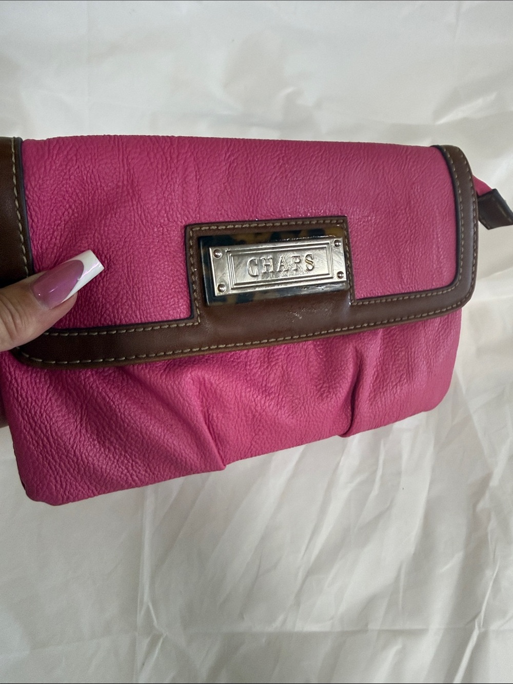 Chaps Pink Leather Clutch with Brown Trim